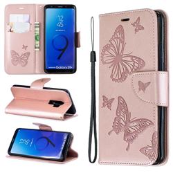 Embossing Double Butterfly Leather Wallet Case for Samsung Galaxy S9 Plus(S9+) - Rose Gold
