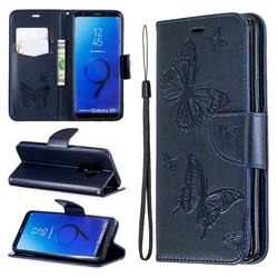 Embossing Double Butterfly Leather Wallet Case for Samsung Galaxy S9 Plus(S9+) - Dark Blue