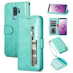 Retro Calfskin Zipper Leather Wallet Case Cover for Samsung Galaxy S9 Plus(S9+) - Mint Green