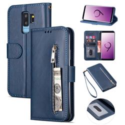 Retro Calfskin Zipper Leather Wallet Case Cover for Samsung Galaxy S9 Plus(S9+) - Blue