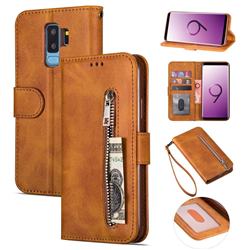 Retro Calfskin Zipper Leather Wallet Case Cover for Samsung Galaxy S9 Plus(S9+) - Brown