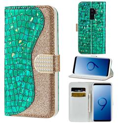Glitter Diamond Buckle Laser Stitching Leather Wallet Phone Case for Samsung Galaxy S9 Plus(S9+) - Green