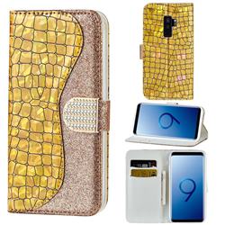 Glitter Diamond Buckle Laser Stitching Leather Wallet Phone Case for Samsung Galaxy S9 Plus(S9+) - Gold
