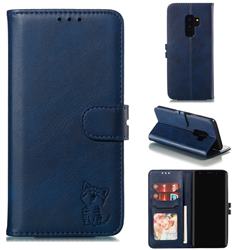 Embossing Happy Cat Leather Wallet Case for Samsung Galaxy S9 Plus(S9+) - Blue
