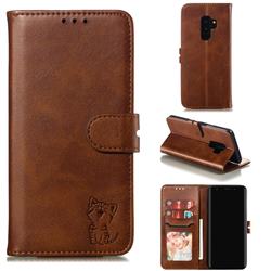 Embossing Happy Cat Leather Wallet Case for Samsung Galaxy S9 Plus(S9+) - Brown