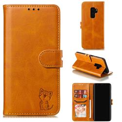 Embossing Happy Cat Leather Wallet Case for Samsung Galaxy S9 Plus(S9+) - Yellow