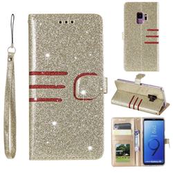 Retro Stitching Glitter Leather Wallet Phone Case for Samsung Galaxy S9 Plus(S9+) - Golden