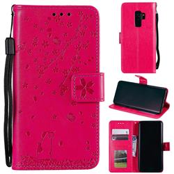 Embossing Cherry Blossom Cat Leather Wallet Case for Samsung Galaxy S9 Plus(S9+) - Rose