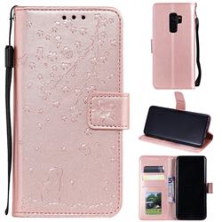 Embossing Cherry Blossom Cat Leather Wallet Case for Samsung Galaxy S9 Plus(S9+) - Rose Gold