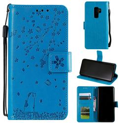 Embossing Cherry Blossom Cat Leather Wallet Case for Samsung Galaxy S9 Plus(S9+) - Blue