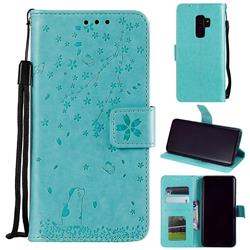 Embossing Cherry Blossom Cat Leather Wallet Case for Samsung Galaxy S9 Plus(S9+) - Green