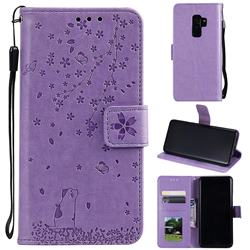 Embossing Cherry Blossom Cat Leather Wallet Case for Samsung Galaxy S9 Plus(S9+) - Purple