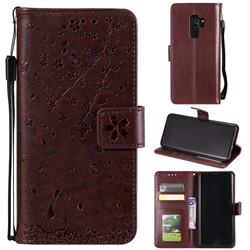 Embossing Cherry Blossom Cat Leather Wallet Case for Samsung Galaxy S9 Plus(S9+) - Brown
