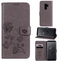 Embossing Rose Flower Leather Wallet Case for Samsung Galaxy S9 Plus(S9+) - Grey