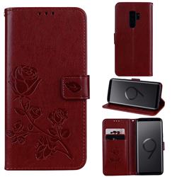 Embossing Rose Flower Leather Wallet Case for Samsung Galaxy S9 Plus(S9+) - Brown