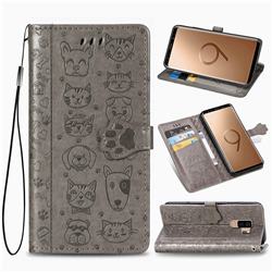 Embossing Dog Paw Kitten and Puppy Leather Wallet Case for Samsung Galaxy S9 Plus(S9+) - Gray