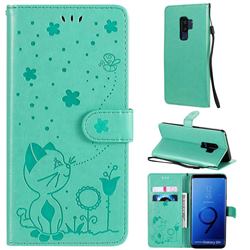 Embossing Bee and Cat Leather Wallet Case for Samsung Galaxy S9 Plus(S9+) - Green