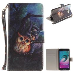 Oil Painting Owl Hand Strap Leather Wallet Case for Samsung Galaxy A3 2016 A310