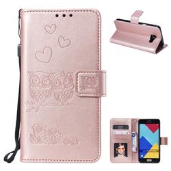 Embossing Owl Couple Flower Leather Wallet Case for Samsung Galaxy A3 2016 A310 - Rose Gold
