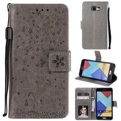 Embossing Cherry Blossom Cat Leather Wallet Case for Samsung Galaxy A3 2016 A310 - Gray