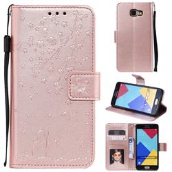 Embossing Cherry Blossom Cat Leather Wallet Case for Samsung Galaxy A3 2016 A310 - Rose Gold