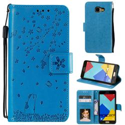 Embossing Cherry Blossom Cat Leather Wallet Case for Samsung Galaxy A3 2016 A310 - Blue