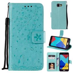 Embossing Cherry Blossom Cat Leather Wallet Case for Samsung Galaxy A3 2016 A310 - Green