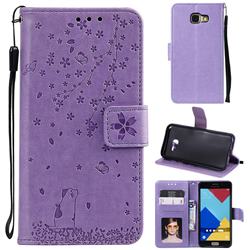 Embossing Cherry Blossom Cat Leather Wallet Case for Samsung Galaxy A3 2016 A310 - Purple