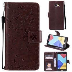 Embossing Cherry Blossom Cat Leather Wallet Case for Samsung Galaxy A3 2016 A310 - Brown
