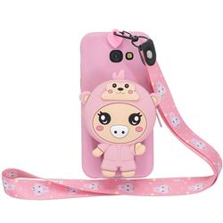 Pink Pig Neck Lanyard Zipper Wallet Silicone Case for Samsung Galaxy A3 2017 A320