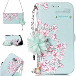 Cherry Blossoms Endeavour Florid Pearl Flower Pendant Metal Strap PU Leather Wallet Case for Samsung Galaxy A3 2017 A320