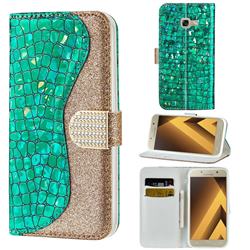 Glitter Diamond Buckle Laser Stitching Leather Wallet Phone Case for Samsung Galaxy A3 2017 A320 - Green