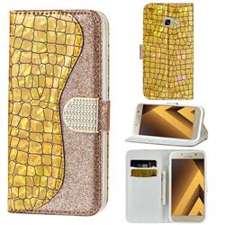 Glitter Diamond Buckle Laser Stitching Leather Wallet Phone Case for Samsung Galaxy A3 2017 A320 - Gold