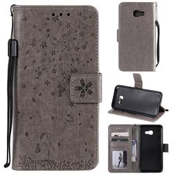 Embossing Cherry Blossom Cat Leather Wallet Case for Samsung Galaxy A3 2017 A320 - Gray