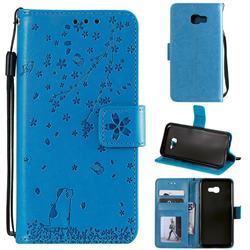 Embossing Cherry Blossom Cat Leather Wallet Case for Samsung Galaxy A3 2017 A320 - Blue