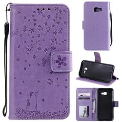 Embossing Cherry Blossom Cat Leather Wallet Case for Samsung Galaxy A3 2017 A320 - Purple