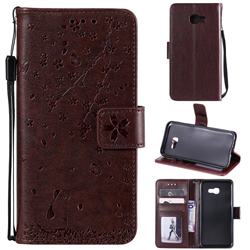 Embossing Cherry Blossom Cat Leather Wallet Case for Samsung Galaxy A3 2017 A320 - Brown