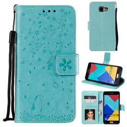 Embossing Cherry Blossom Cat Leather Wallet Case for Samsung Galaxy A5 2016 A510 - Green