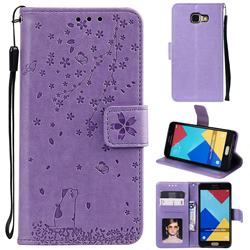 Embossing Cherry Blossom Cat Leather Wallet Case for Samsung Galaxy A5 2016 A510 - Purple