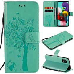 Embossing Butterfly Tree Leather Wallet Case for Samsung Galaxy A51 5G - Cyan