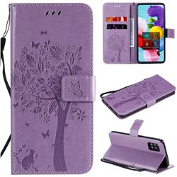Embossing Butterfly Tree Leather Wallet Case for Samsung Galaxy A51 5G - Violet
