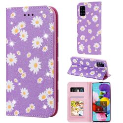 Ultra Slim Daisy Sparkle Glitter Powder Magnetic Leather Wallet Case for Samsung Galaxy A51 5G - Purple