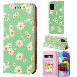 Ultra Slim Daisy Sparkle Glitter Powder Magnetic Leather Wallet Case for Samsung Galaxy A51 5G - Green