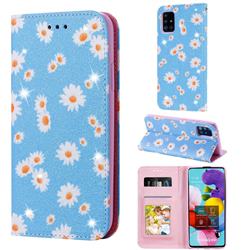 Ultra Slim Daisy Sparkle Glitter Powder Magnetic Leather Wallet Case for Samsung Galaxy A51 5G - Blue