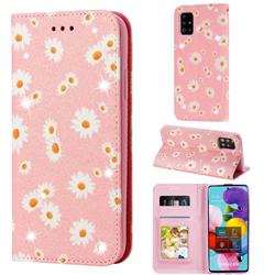 Ultra Slim Daisy Sparkle Glitter Powder Magnetic Leather Wallet Case for Samsung Galaxy A51 5G - Pink