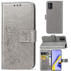 Embossing Imprint Four-Leaf Clover Leather Wallet Case for Samsung Galaxy A51 5G - Grey