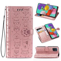 Embossing Dog Paw Kitten and Puppy Leather Wallet Case for Samsung Galaxy A51 5G - Rose Gold