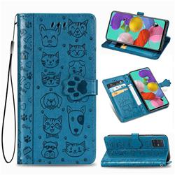 Embossing Dog Paw Kitten and Puppy Leather Wallet Case for Samsung Galaxy A51 5G - Blue