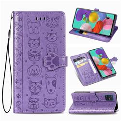 Embossing Dog Paw Kitten and Puppy Leather Wallet Case for Samsung Galaxy A51 5G - Purple