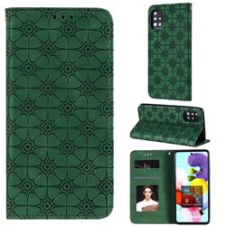 Intricate Embossing Four Leaf Clover Leather Wallet Case for Samsung Galaxy A51 5G - Blackish Green